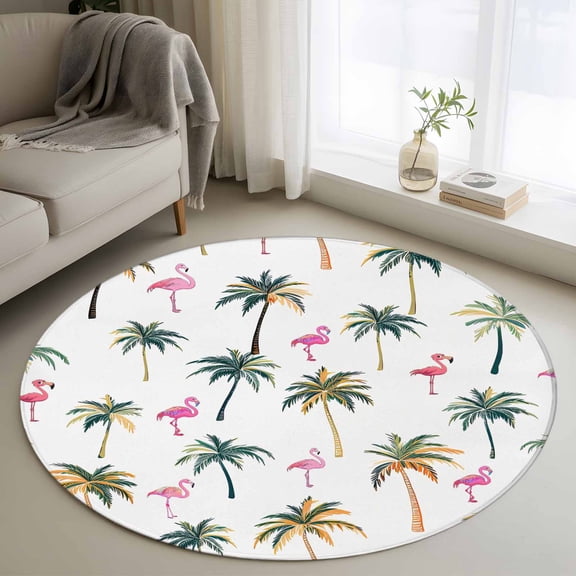 Palm Trees Round Area Rug 4 FT, Non Slip Indoor Outdoor Rug, Watercolor Tropical Flamingo Summer Washable Soft Circular Carpet Non-Shedding Floor Mat for Coffee Table Nursery Foyer Balcony