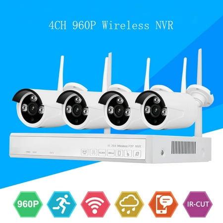 DID 2019 Upgrade 4CH AHD 960P CCTV Wireless NVR Camera Security System with 4 pcs IP Outdoor IR Night Vision Home Security Camera System White ，No wiring simple