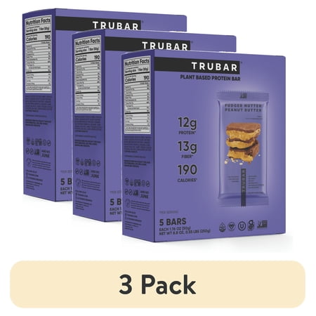 (3 pack) TRUBAR Protein Bar, Fudger Nutter Peanut Butter, Plant Based Protein, Vegan, Gluten Free, Kosher, 5 Count