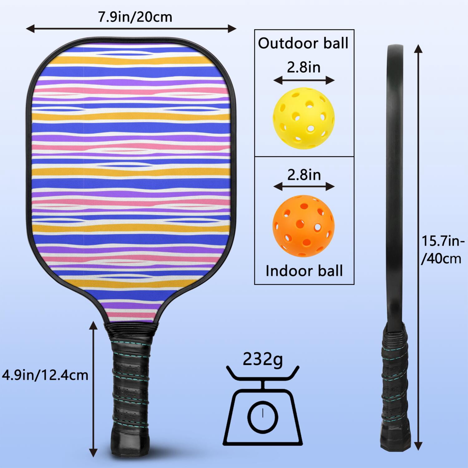 Pickleball Paddles Set Of 1, Fiberglass Surface, Colorful Lines Print, 1 Paddle, 2 Balls & Bag