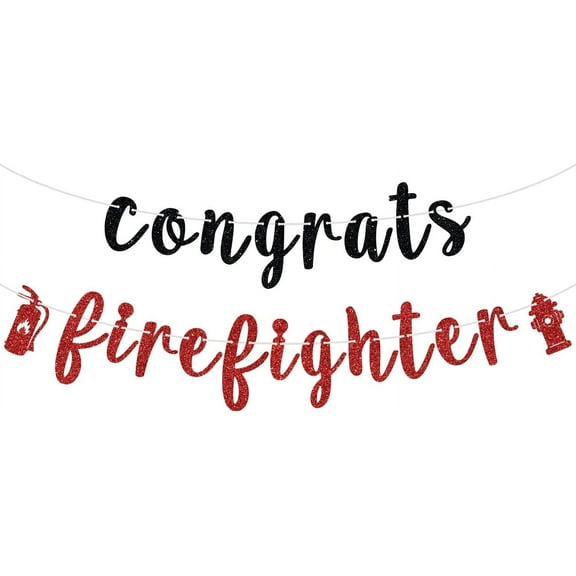 Congrats Firefighter Banner, Class of 2026/Congrats Grad, Fire Department Graduation Party Decoration Supplies for Fireman, Black and Red Glitter