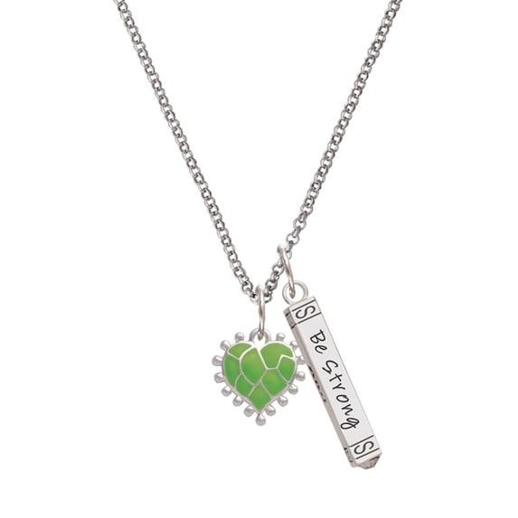 Delight Jewelry Silvertone Lime Green Giraffe Print Heart Silvertone Be Strong and Courageous Bar Charm Necklace, 23"
