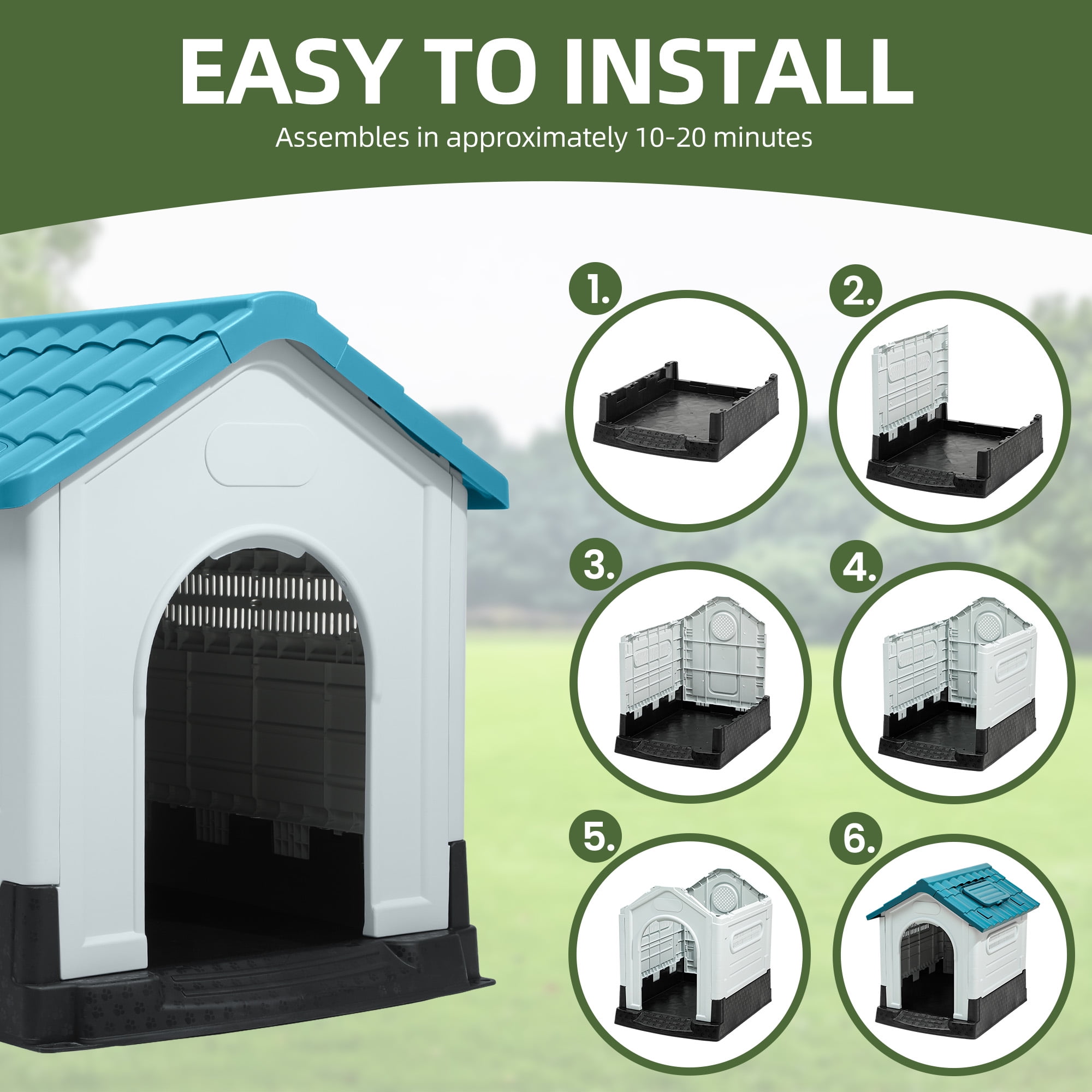 Uforic Large Foldable Plastic Dog House with Air Vents and Elevated Floor, Outdoor Indoor Waterproof Doghouse Puppy Shelter,Blue,41.3''Lx 34.6''Wx 39''H