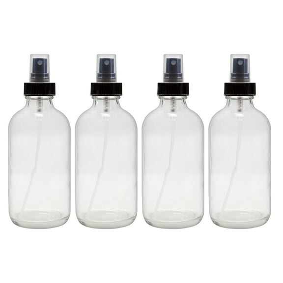 Cornucopia Brands 8-Ounce Clear Glass Fine Mist Spray Bottles (4-Pack); Boston Round w/Atomizer Spritzers for Aromatherapy, Perfume, Cologne, DIY & More