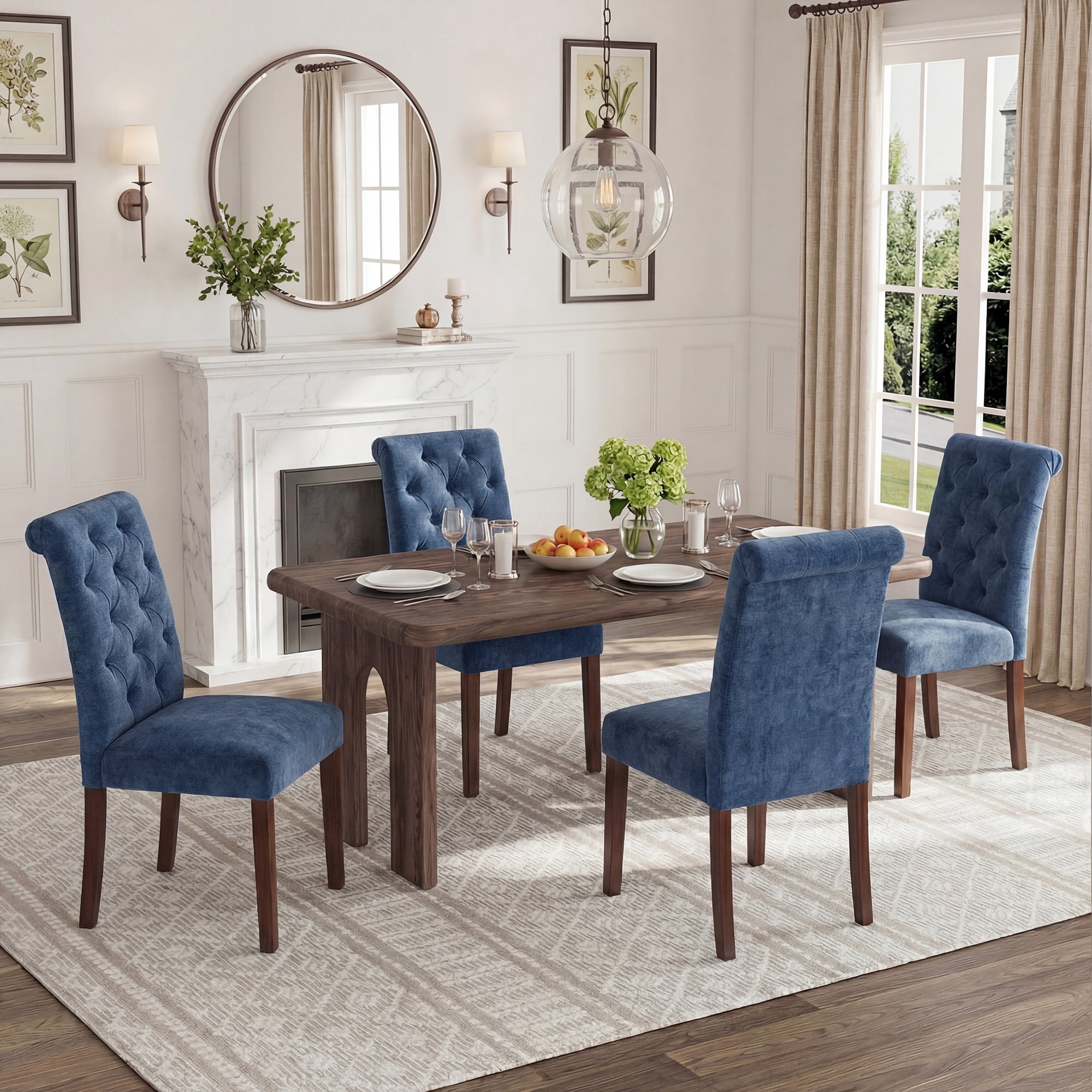 Upholstered Parsons Dining Chairs Set of 4, Button Tufted Kitchen Side Chair for Dining Room, Blue
