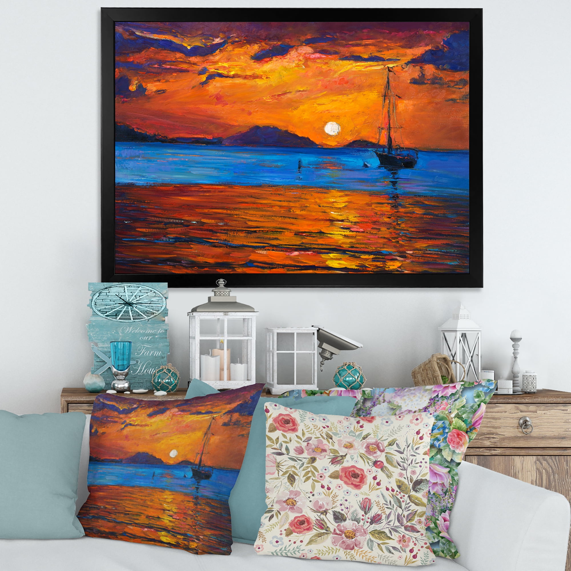 Boat At The Lake During Evening Glow IX 20 in x 12 in Framed Painting Canvas Art Print, by Designart