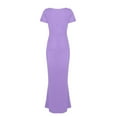 thumbnail image 4 of Bigersell Women's Maxi Bodycon Dress Casual Summer Solid Color Round Neck Short Sleeve Long Bodycon Dress Evening Gown Club Party Fishtail Pencil Dresses Beach Sundresses, Purple S, 4 of 4