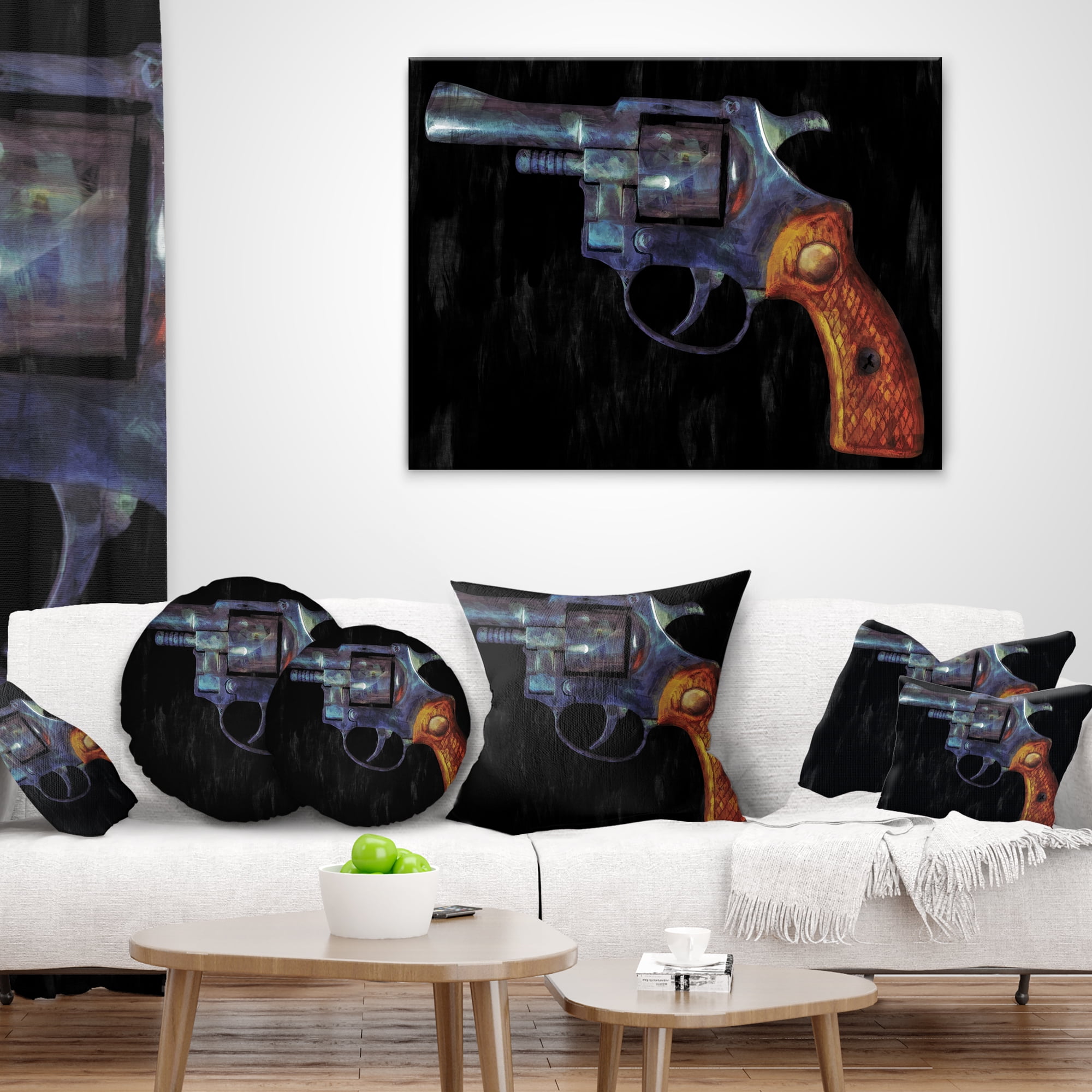 Designart Retro Revolver - Vintage Revolver Painting Throw Pillow - 16x16