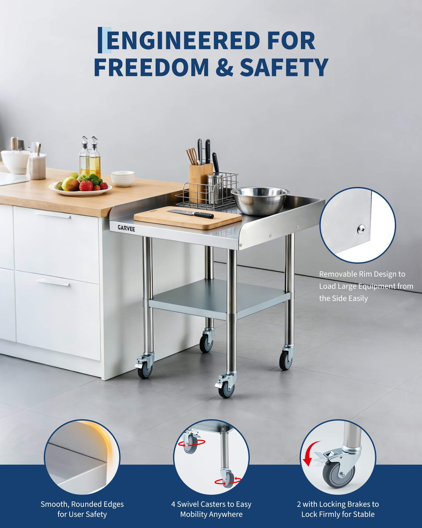 M optimized 24x30 Inch Stainless Steel Work Table with Wheels, Commercial Prep Table with Detachable 3-Sided Backsplash and Adjustable Shelf, Rolling Workbench for Kitchen Restaurant Garage