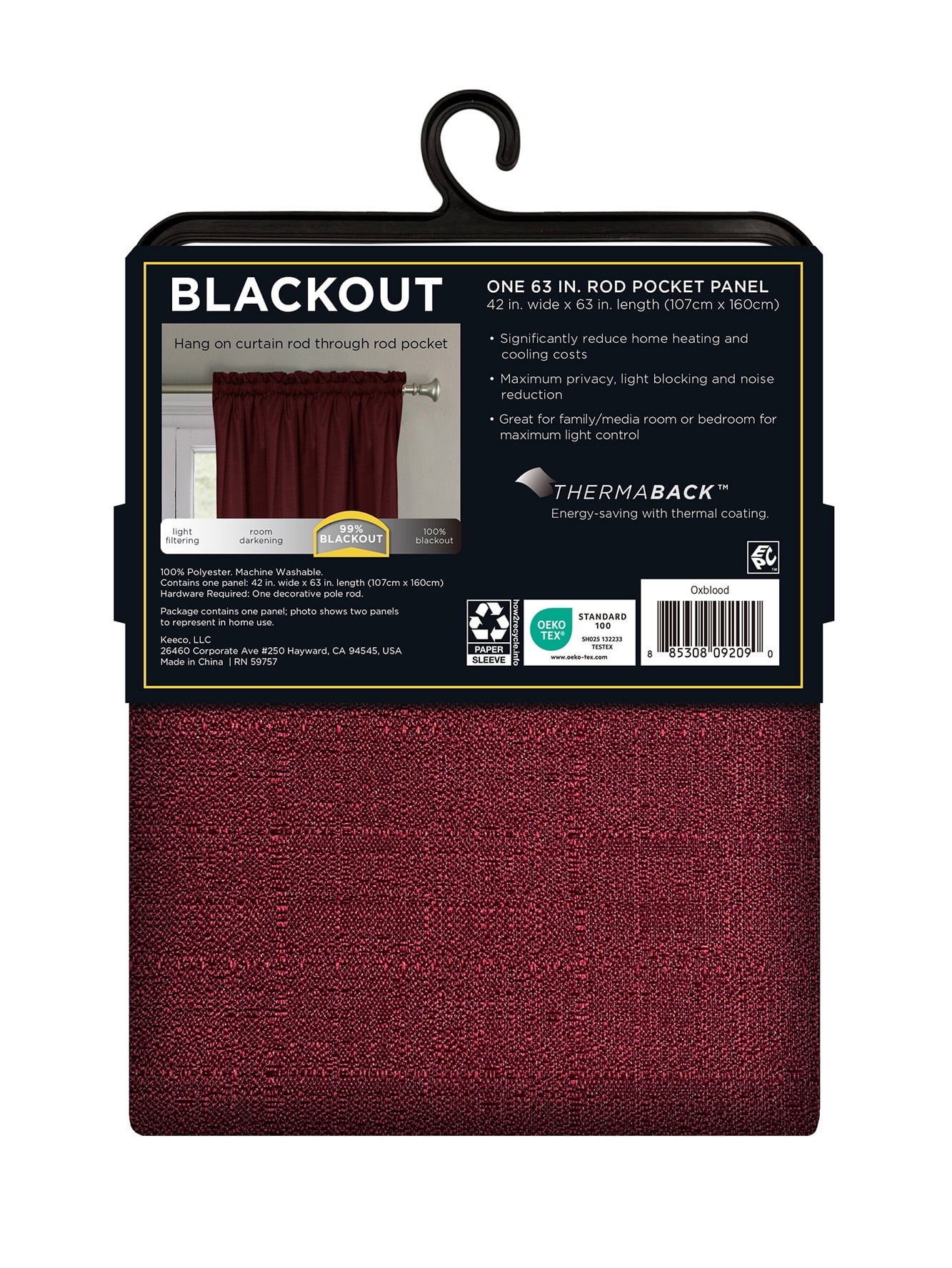 Eclipse Samara Solid Blackout Curtains, Single Curtain Panel, 63 Inch Long Blackout Curtains, 42" W x 63" L, Oxblood