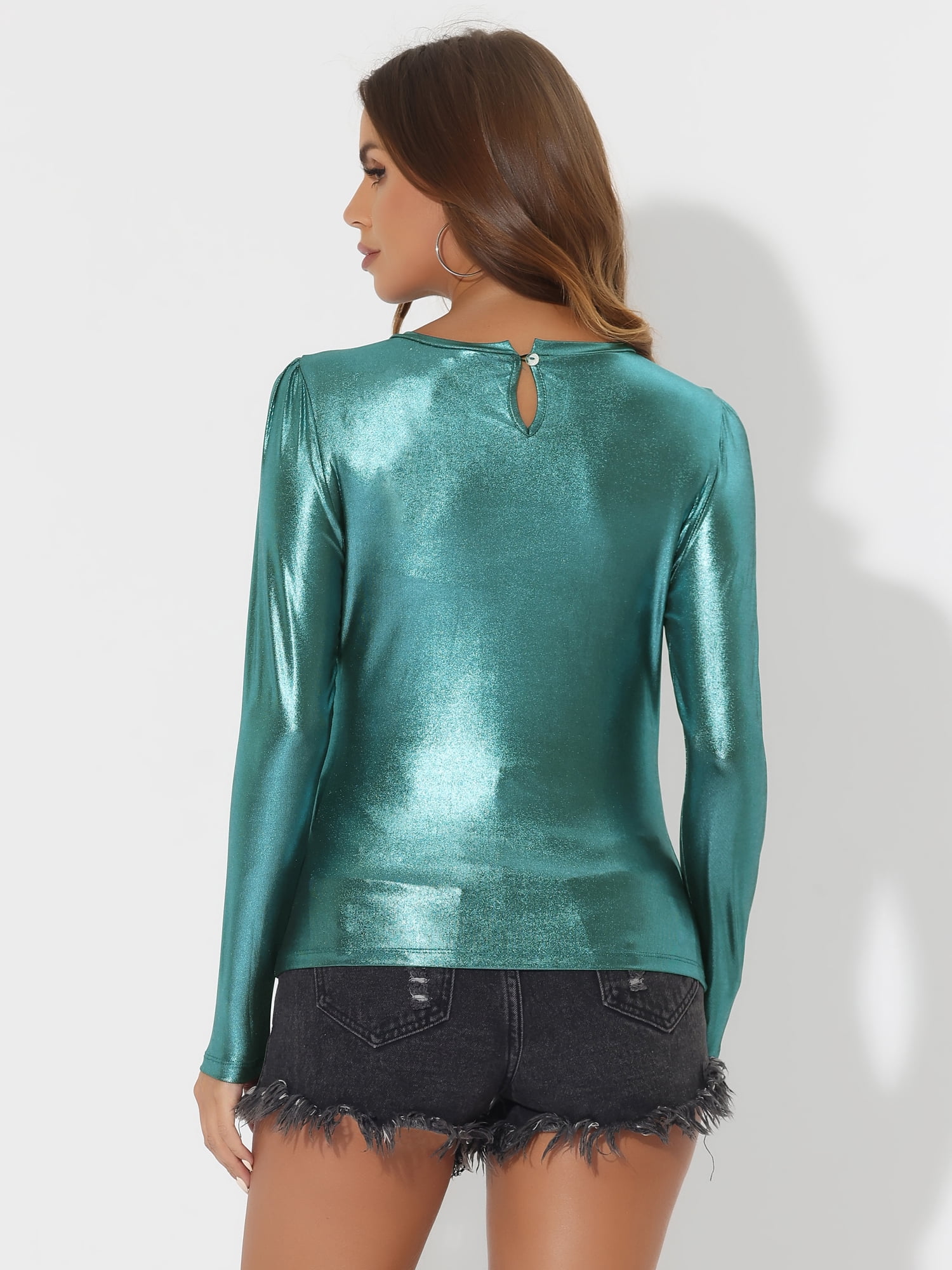 DARING DIVA Party Club Glitter Long Sleeve Metallic Shiny Top XS Blue Shiny