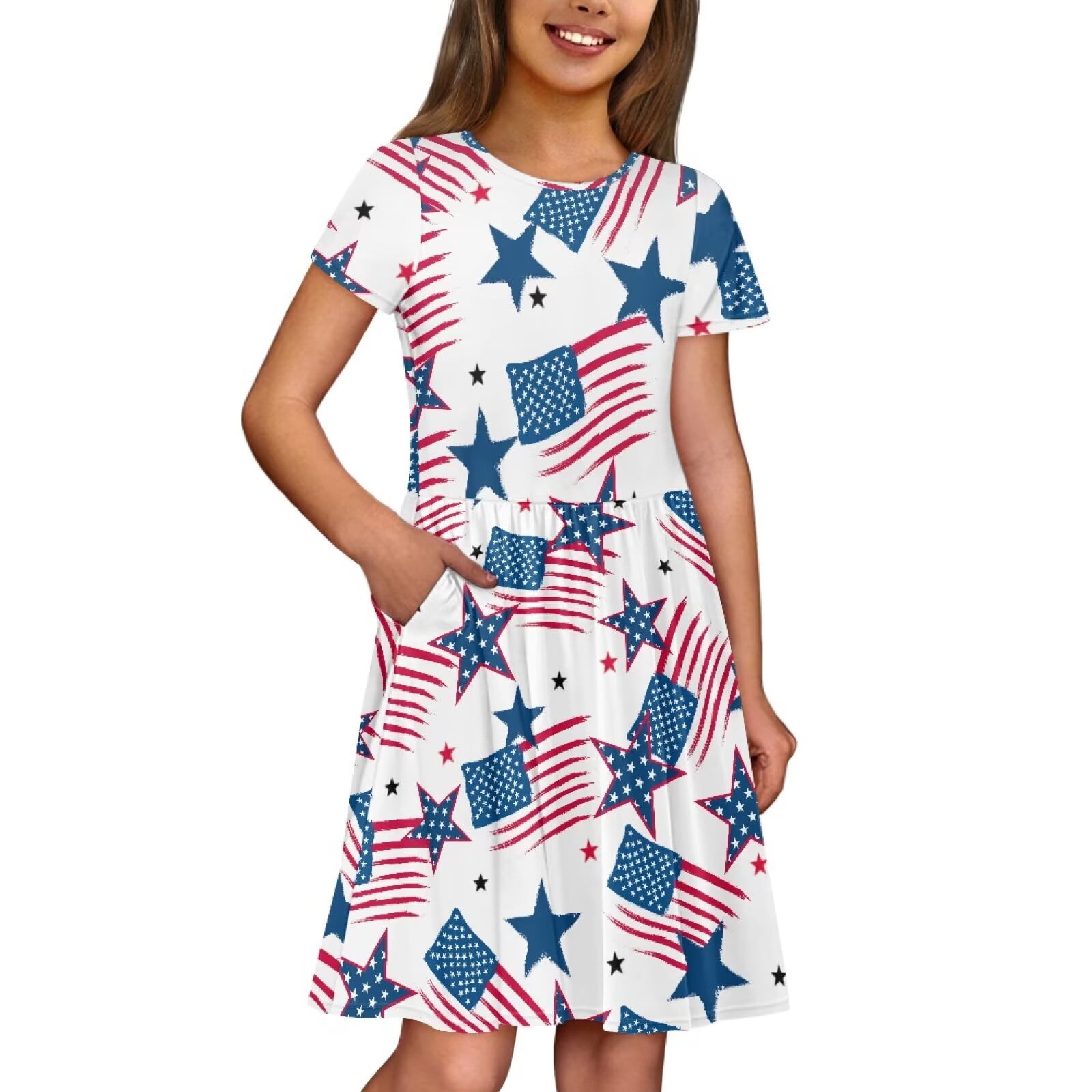 Uourmeti American Flag Patriot Kids Short Sleeve Dresses Summer Soft Crew Neck Swing Dress Independence Day Casual Knee Length A-Line Dresses with Pockets for Toddlers Teens Girls