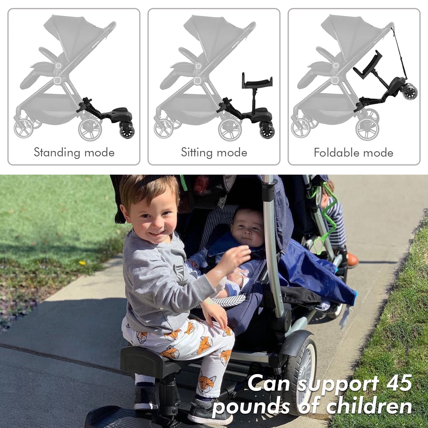 Beberoad Love Universal Stroller Board with Detachable Seat Stroller Ride Board Standing Platform Stroller Glider Board Fits Most of Strollers & Buggies - Rider Holds Children Up to 45lbs