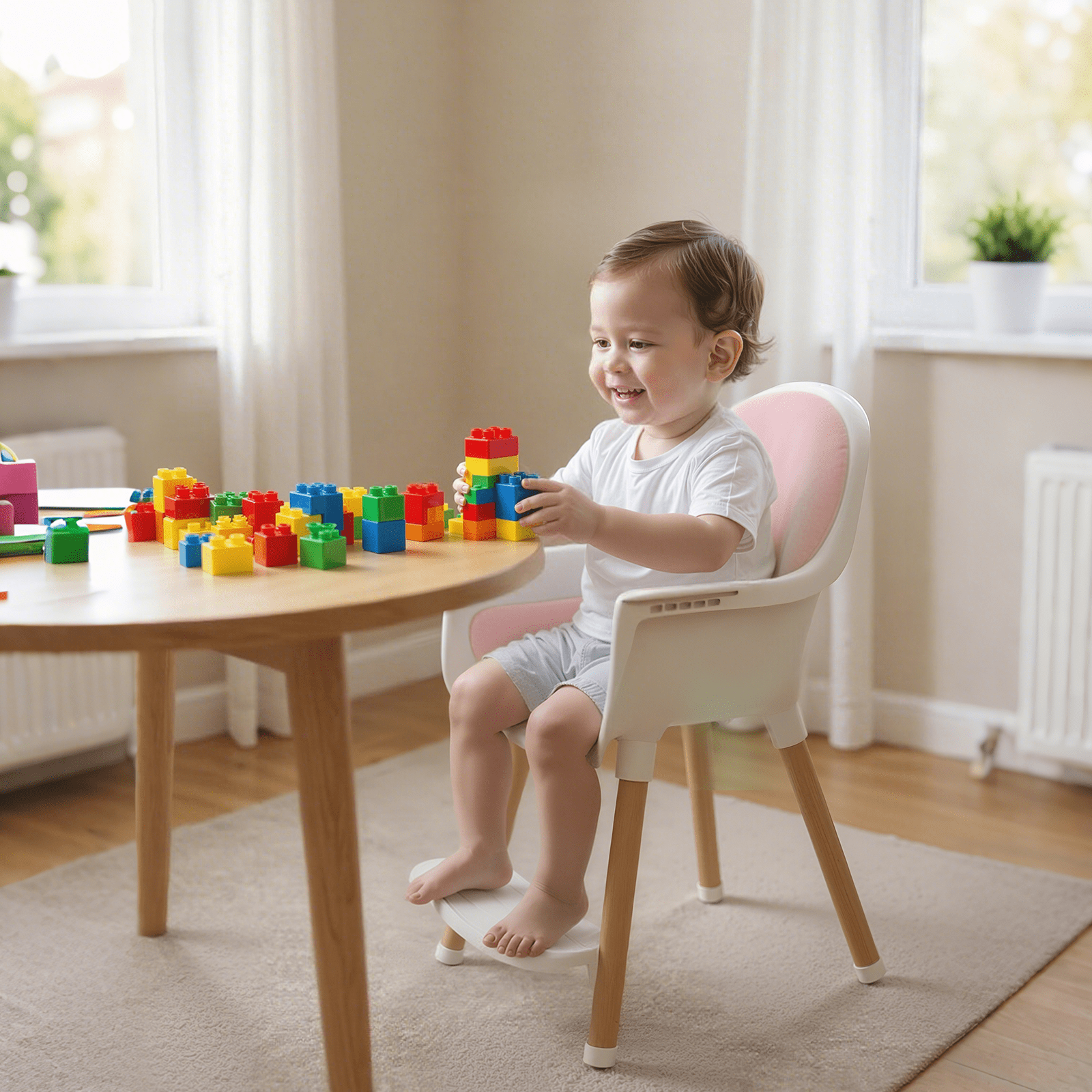 Babilous Baby High Chair, Wooden Highchair with Removable Tray, Adjustable Legs, Cushion, 5-Point Harness and Footrest for Infants, Baby, Toddlers, Pink