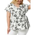 thumbnail image 2 of Women's Plus Size Tops Ruffle Neck Floral Print Bell Sleeve Wrap Tie Waist Boho Peplum Blouse White 3X, 2 of 7