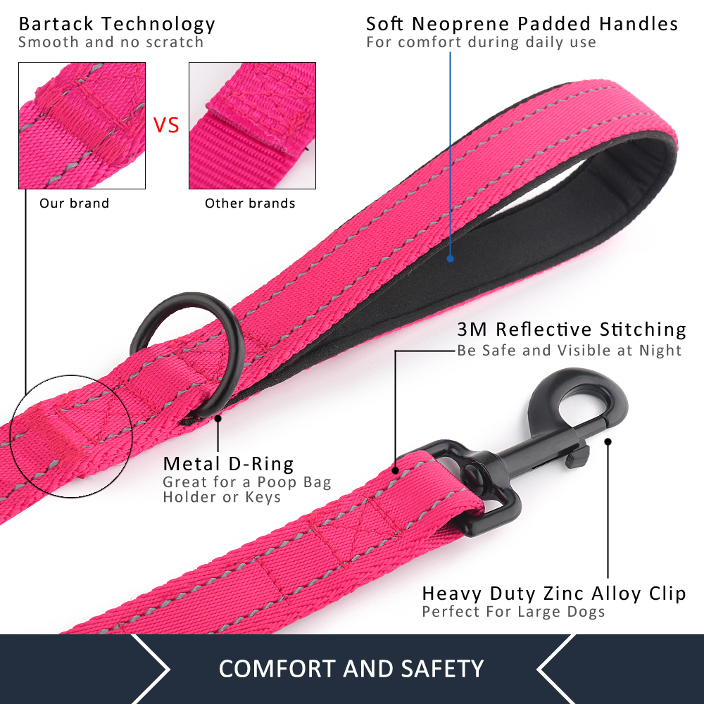 Plutus Pet Double Handle Dog Leash, 6 Feet, Pink, Reflective photo 4