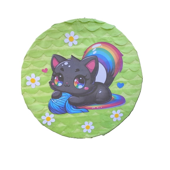 Black Cat Pinata. Piñata pour Fête d'Anniversaire d'Enfants, Chat Noir sur Fond Vert, Piñata Ronde