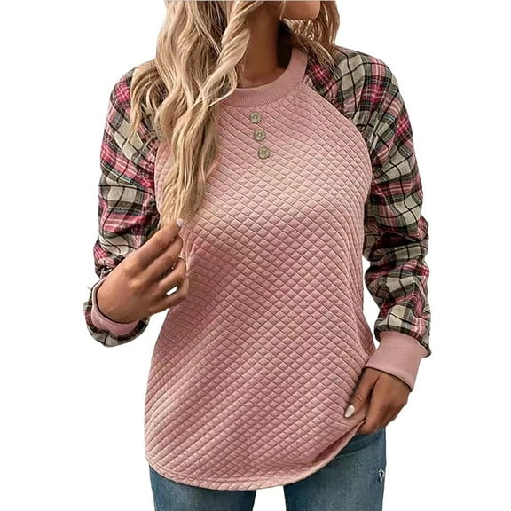 Lenpel Women's Crewneck Sweatshirts Plaid Long Sleeve Color Block Tunic Tops Casual Pullover Sweatshirts Fall Winter Fashion Outfits(Pink,X-Large)