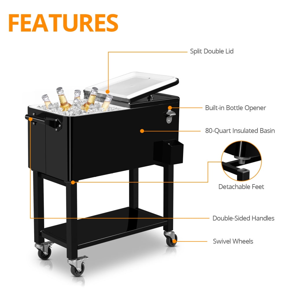 80QT Insulated Cooler Cart, Rectangular Plastic Refrigeration with Opener and Cap Catcher, 2 Side Handles, Cooling 48 Hours, for Outdoor, Black