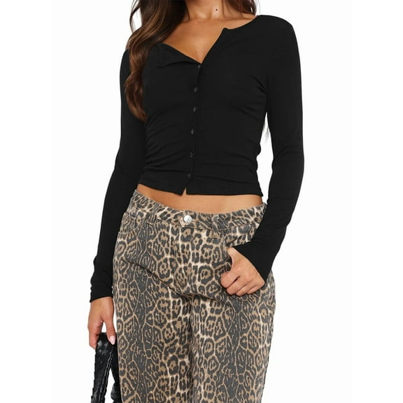 Y2K Women'S Long Sleeve Front Open Knit Cropped Sweater Button Knit Cardigan, Autumn V-Neck Button Top Black S
