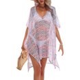 thumbnail image 1 of Biekopu Women Bikini Cover-Ups Contrast Color V-Neck See-Through Hollow-Out Beach Knitted Mini Dress Swimwear Sunscreen Blouse, 1 of 9