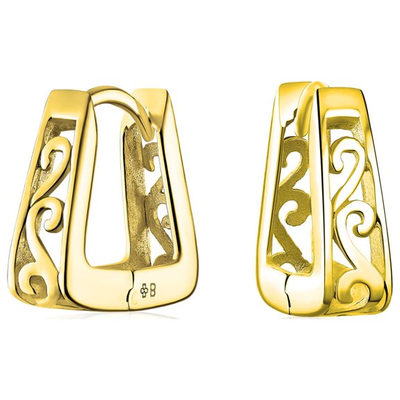 Bling Jewelry Womens Square Pyramid Scroll Swirl Filigree Kpop Huggie Earrings Hoop Sterling Silver