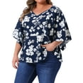 thumbnail image 4 of Agnes Orinda Women's Plus Size Floral Tops V Neck Flowy 3/4 Sleeve Chiffon Summer Casual Babydoll Blouses Navy Blue 1X, 4 of 5