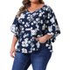 thumbnail image 4 of Agnes Orinda Tops Florales de Talla Grande para Mujer, Cuello en V, Manga Flowy de 3/4, Blusas de Gasa Casual de Verano, Azul Marino 2X, 4 of 5