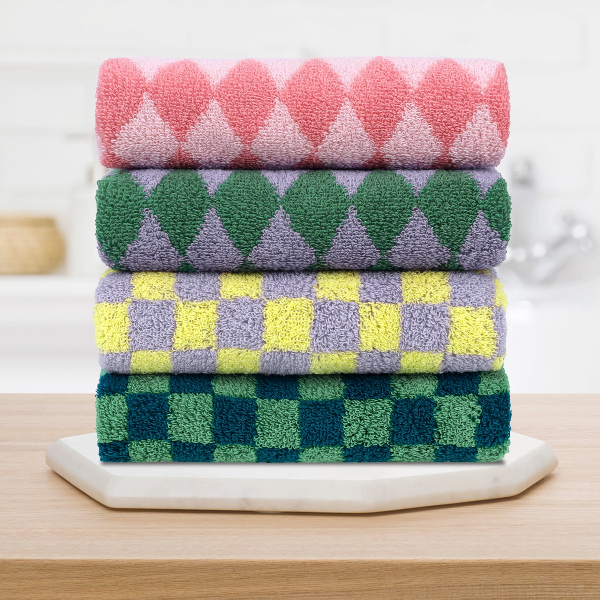 Unique Bargains Checkered Cotton Hand Towels for Bathroom Kitchen Blue Green 4-Piece