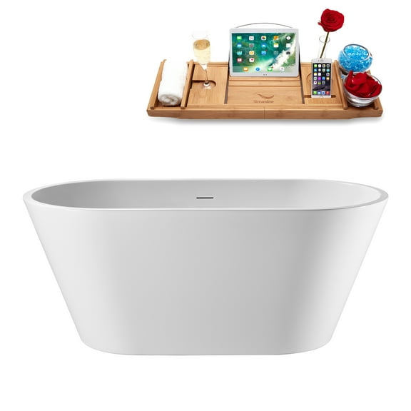 55" Streamline G-34-175-GLD Soaking Glossy White Freestanding Tub and Tray With Internal Drain in Polished Gold