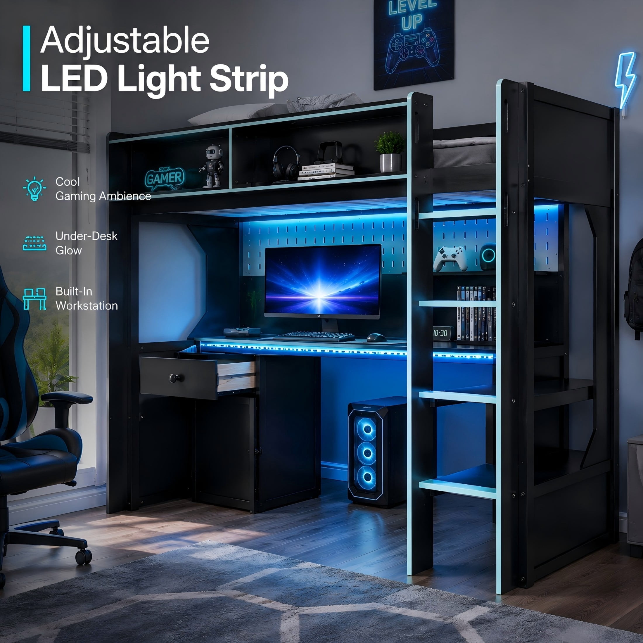 Aukfa Twin Size Gaming Loft Bed with Desk, LED Lights, Charging Station & Storage Shelves/Cabinet, Wooden Bed Frame for Kids, Black/Blue