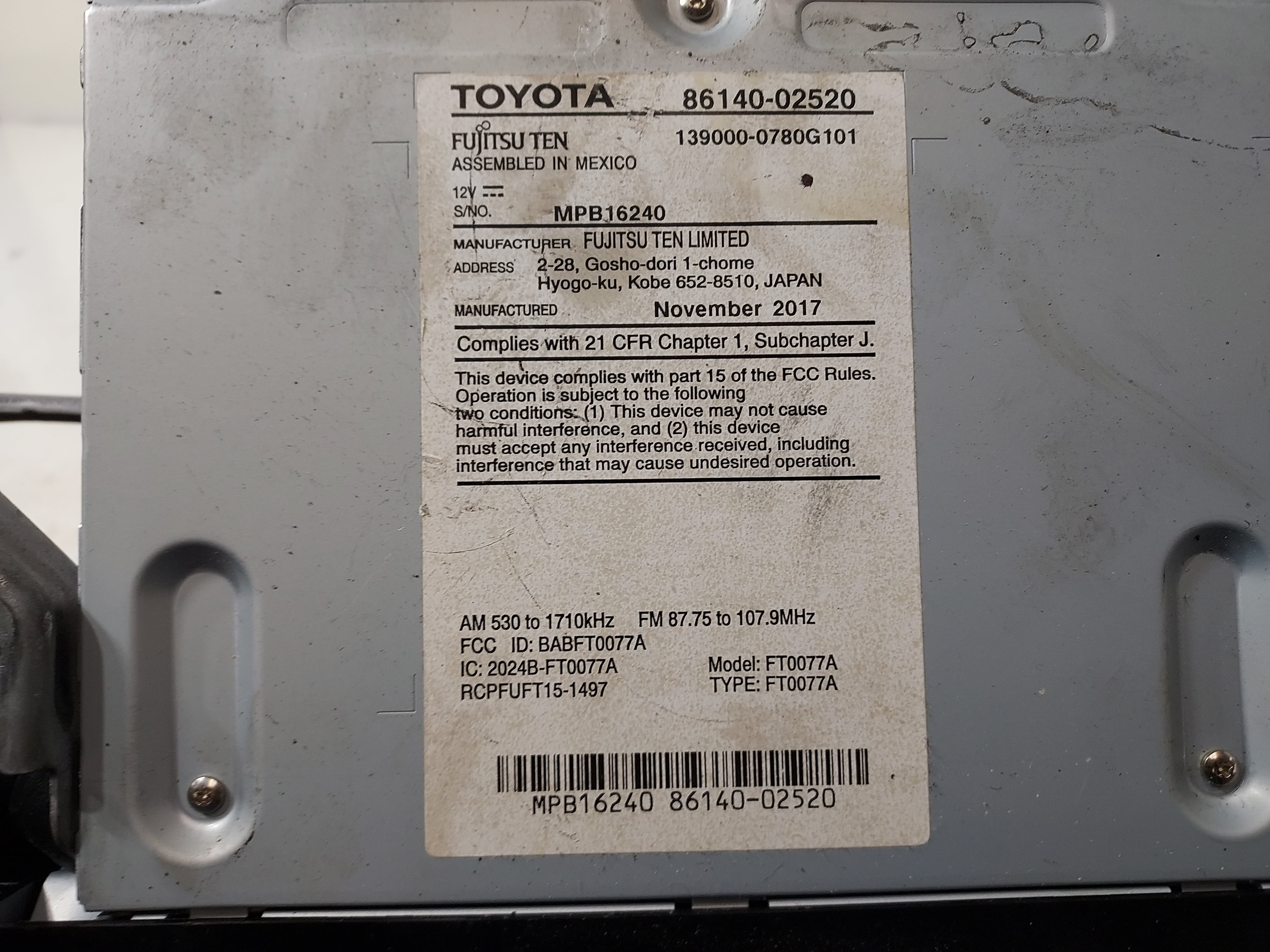 Pre-Owned 2017-2018 Toyota Corolla Display Screen Radio Receiver OEM LKQ - Verify Specific Vehicle Fitment In Description - (Good)
