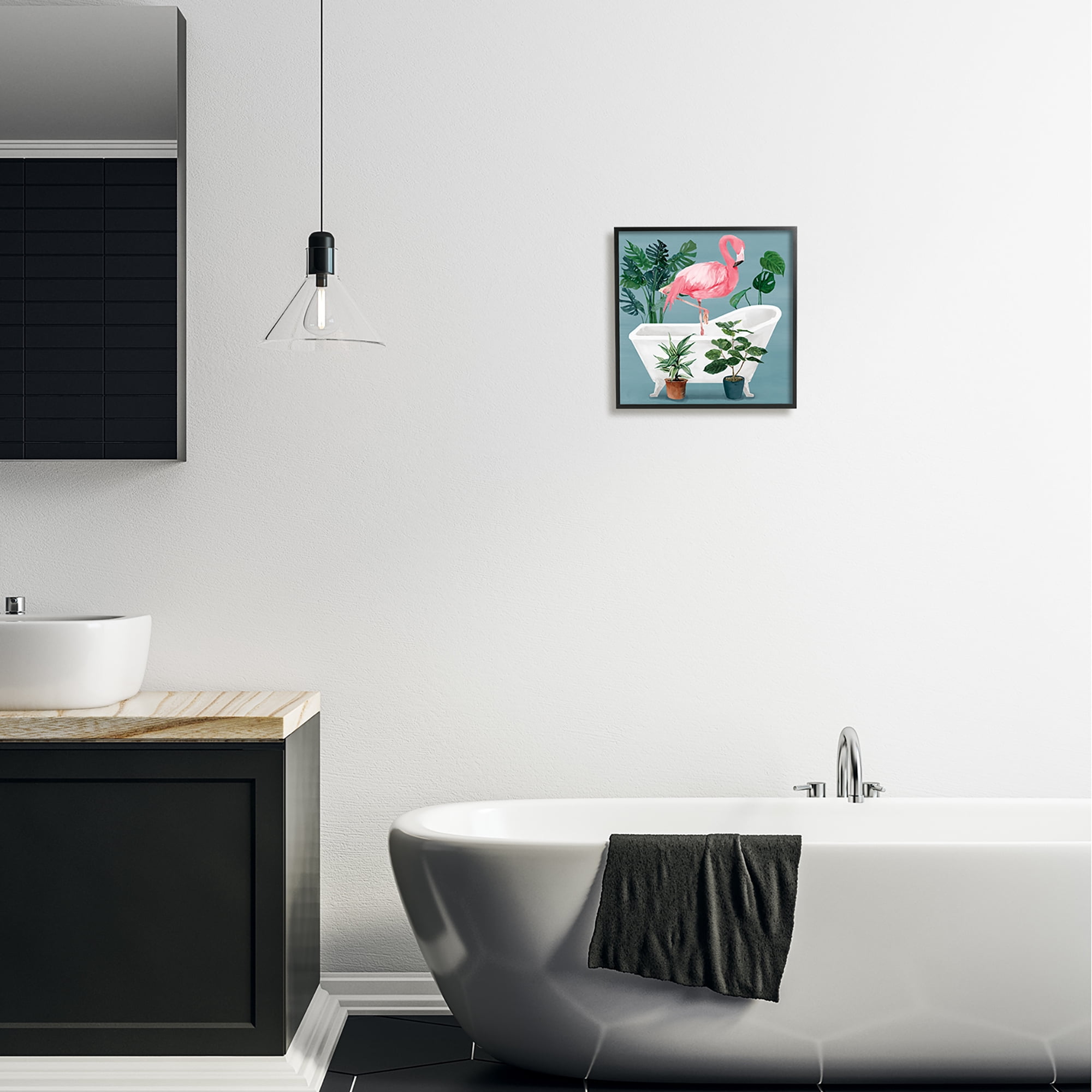 Stupell Industries Botanical Flamingo Bathroom Animals & Insects Painting Black Framed Art Print Wall Art, 12 x 12