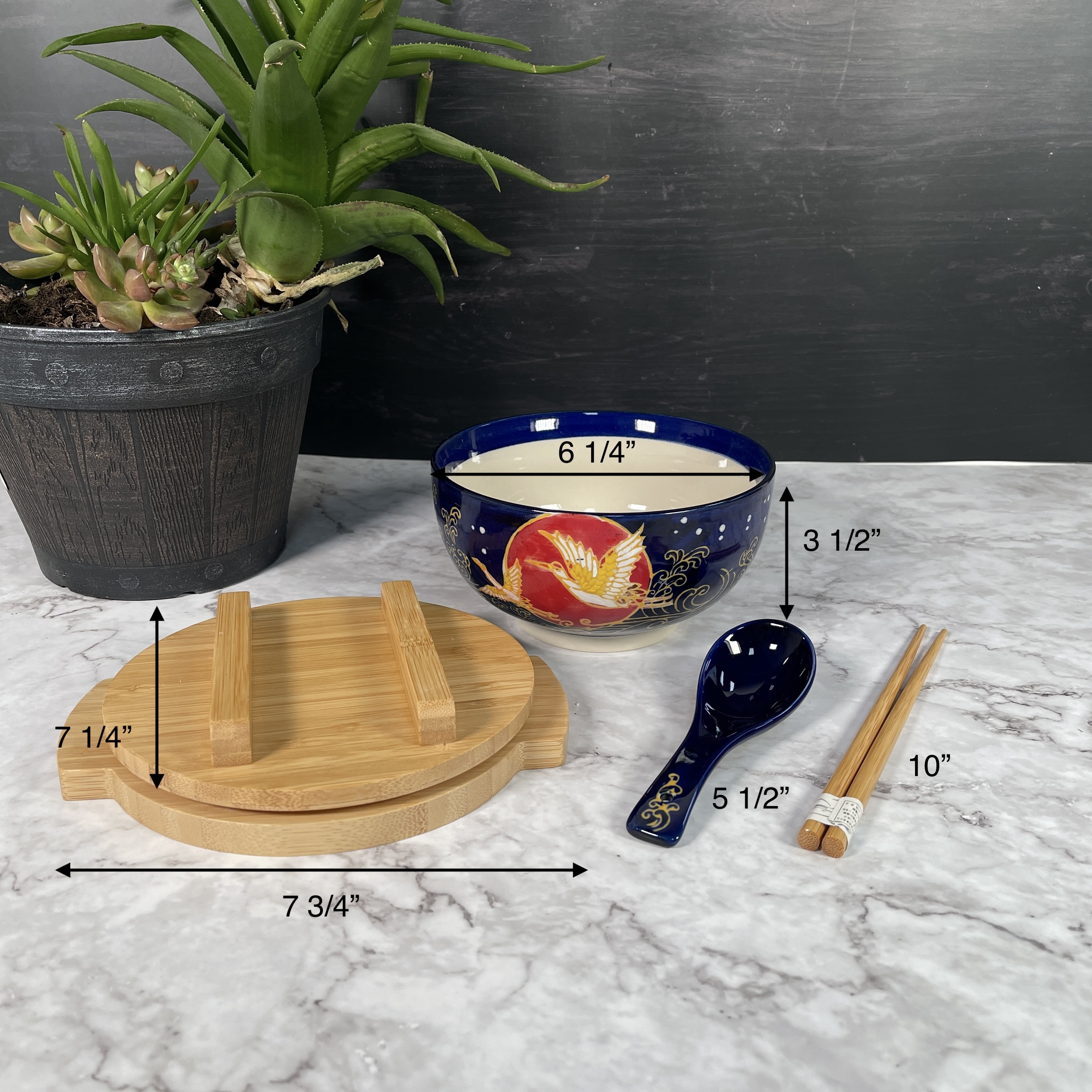 Ramen Bowl Japanese Crane Kamameshi Style Ceramic Rice Bowl Noodle Bowl with Bamboo Lid Tray Chopsticks, 24 fl oz Bowl, Gift Set, Home Living Gift, Idea, Bowl for Udon