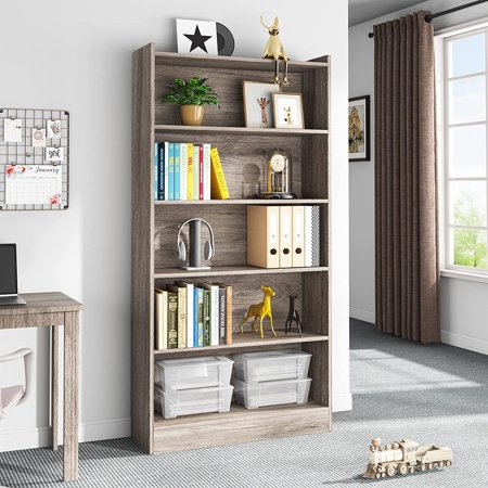 6-Tier Wood Bookcase, 72" Large Tall Bookshelf with Storage Shelves Grey