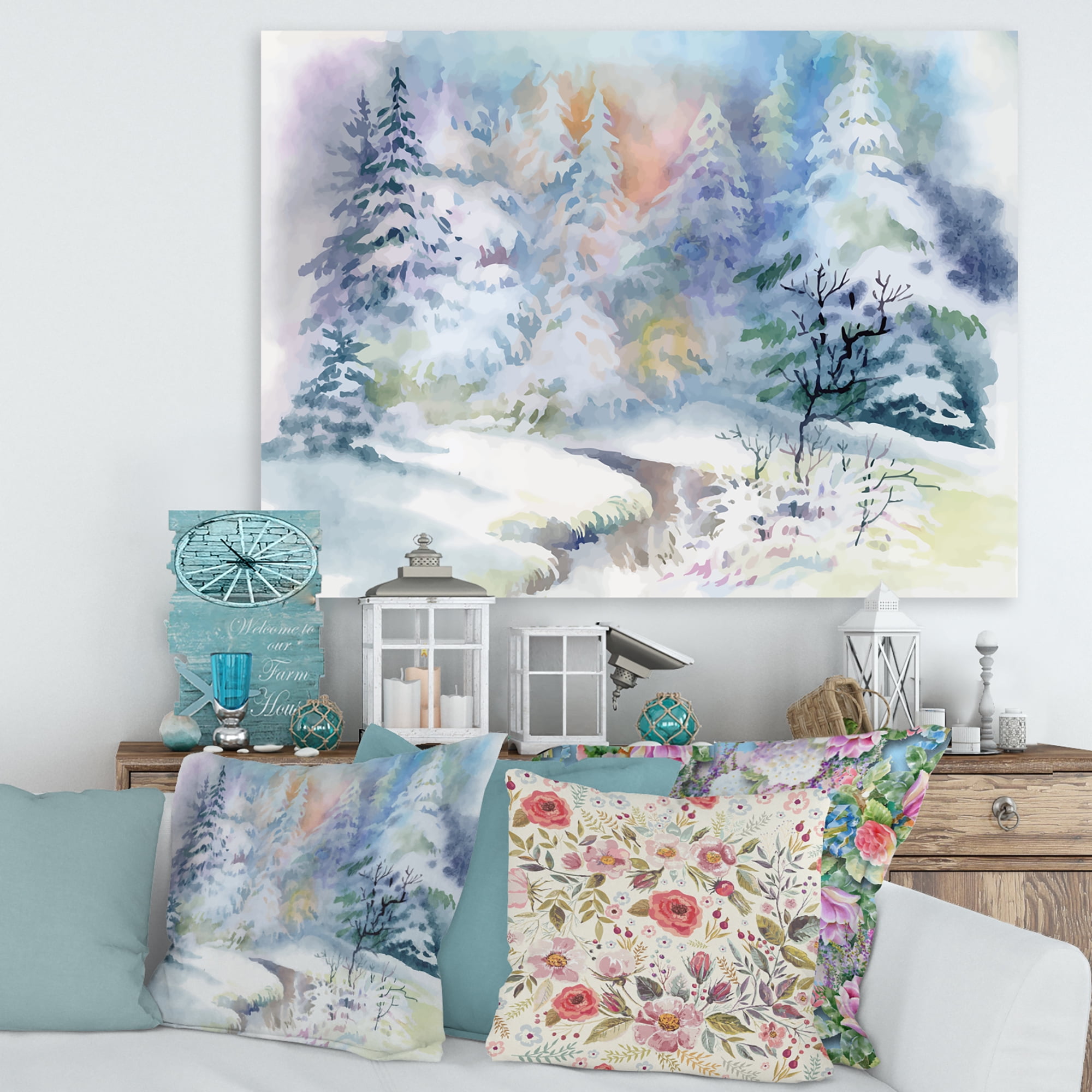 Designart ' Snowy River With Winter Landscape ' Traditional Canvas Wall Art Print