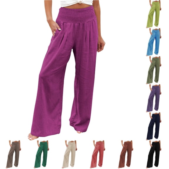 Gunia Wide Leg Pants Women High Waisted Palazzo Solid Color Stretch Casual Trousers With Pockets Summer Flowy Pants