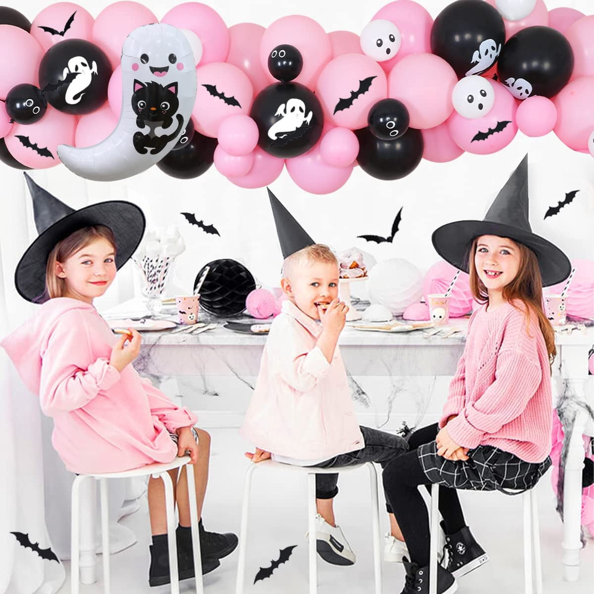 Halloween Baby Shower Decorations for Girl, A Baby is Brewing Pink Black Balloon Garland Arch Kit Ghost Bat Foil Balloon Baby Shower Pregnancy Announcement Gender Reveal Party Supplies