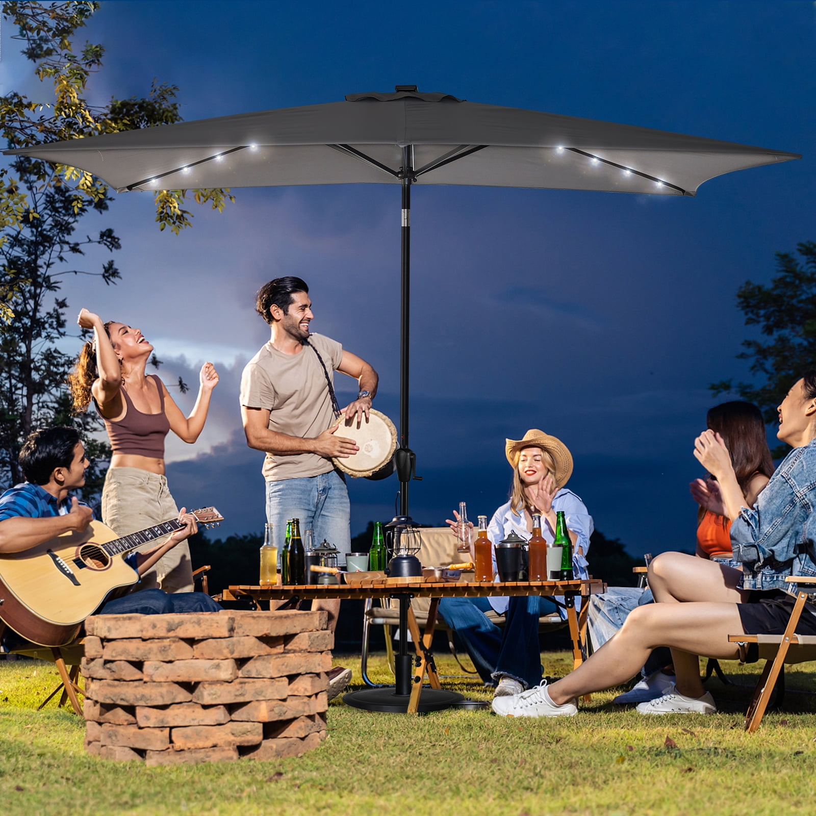 Sun-Ray 6.6x10 FT Solar LED Rectangular Patio Umbrella with Push-Button Tilt and Hand Crank Canopy Lift, Table Umbrella with Solution Dyed Navy Fabric for Porch, Deck, Garden, and Swimming Pool, Grey