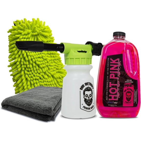 Mr. Detroit - 4pc Car Wash Kit with Foam Blaster, 64oz Car Wash Soap, Double Noodle Wash Mitt, Drying Towel, Streak-Free Exterior Cleaner for Auto Cleaning & Home Use