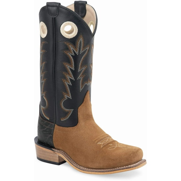 Old West Light Brown Suede Foot with Printed Black Counter Black Shaft Children's Medium Square Toe Boots