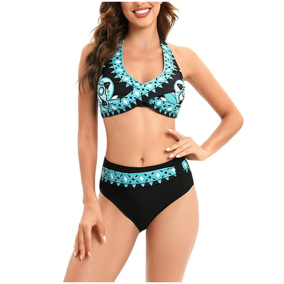 QLEICOM Womens Swimsuits Tummy Control Plus Size Swimsuit Coverup Fashion Multicolor Gradient Color Flowers Print Lacing Split Swimsuit Blue 3XL