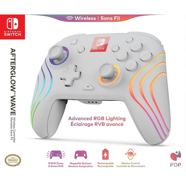 Afterglow™ Wave Wireless RGB Gaming Controller - Nintendo Switch™, Nintendo Switch™ Lite, & Nintendo Switch™ - OLED Model, Nintendo Switch™ 2, LED Lighting, Rechargeable Battery - White