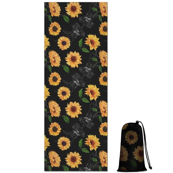 Black Green Leaf Sunflower Pattern Hot Yoga Mat Towel Non Slip for Hot Yoga - Quick-Drying Yoga Mat Cover with 4 Corner Pockets with Travel Bag - Hot Yoga Towel Non Slip 70"x26"
