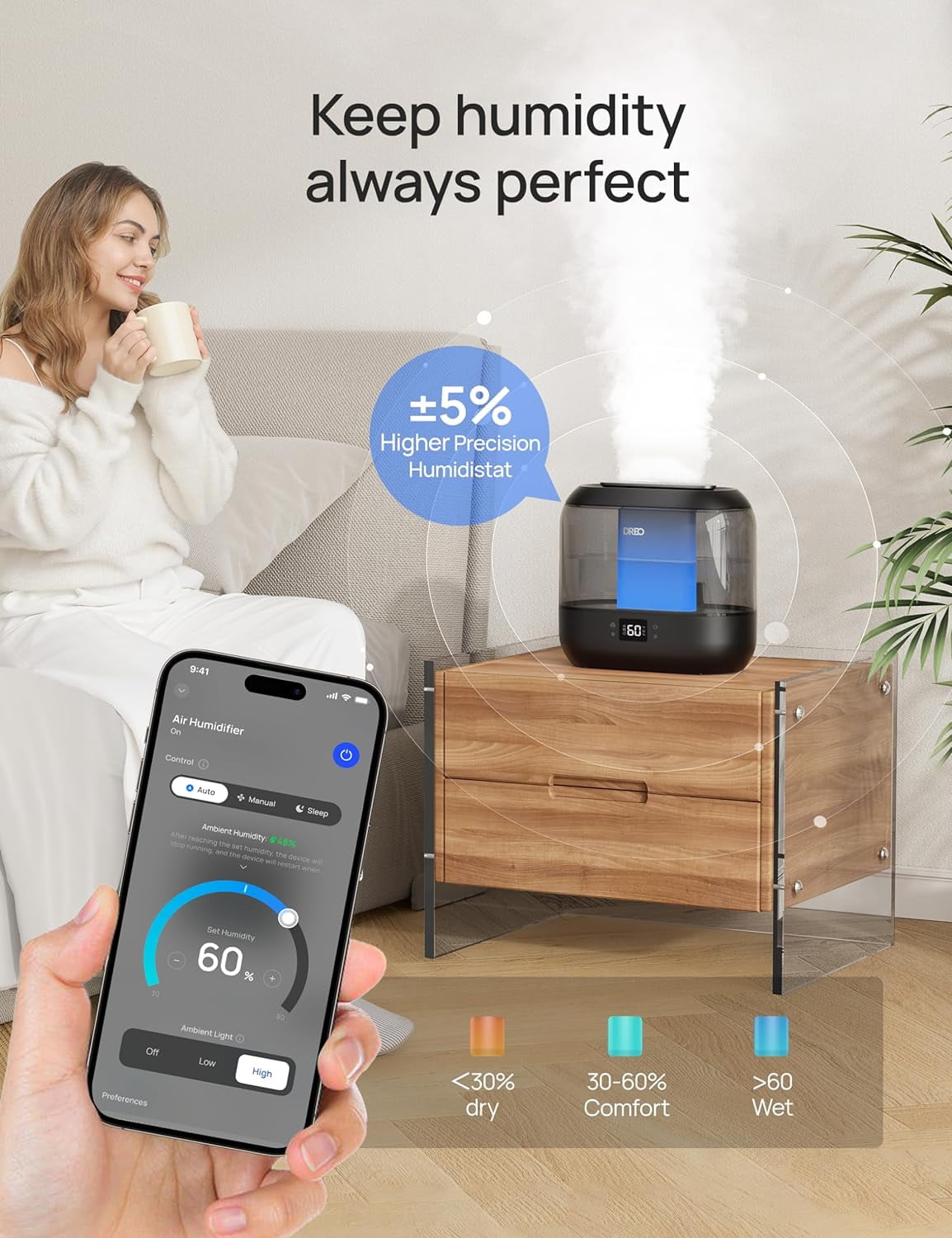 Humidifier for Bedroom, Top Fill 4L Large Room with 28dB Quiet, 36H Runtime, Touch/APP/Voice Control, Cool Mist for Plants