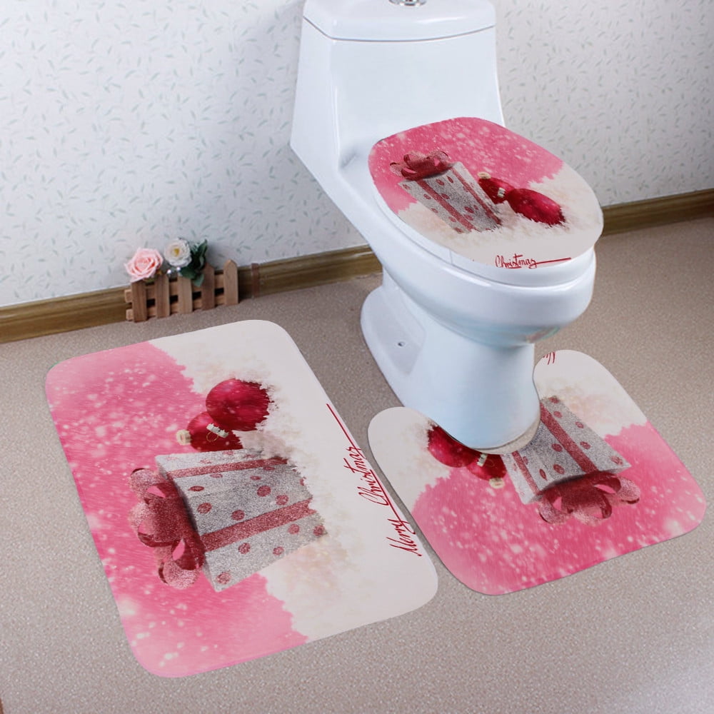 3PCS Christmas Toilet Seat Cover Rug Christmas Tree Deer Bathroom Mat Xmas Decor 