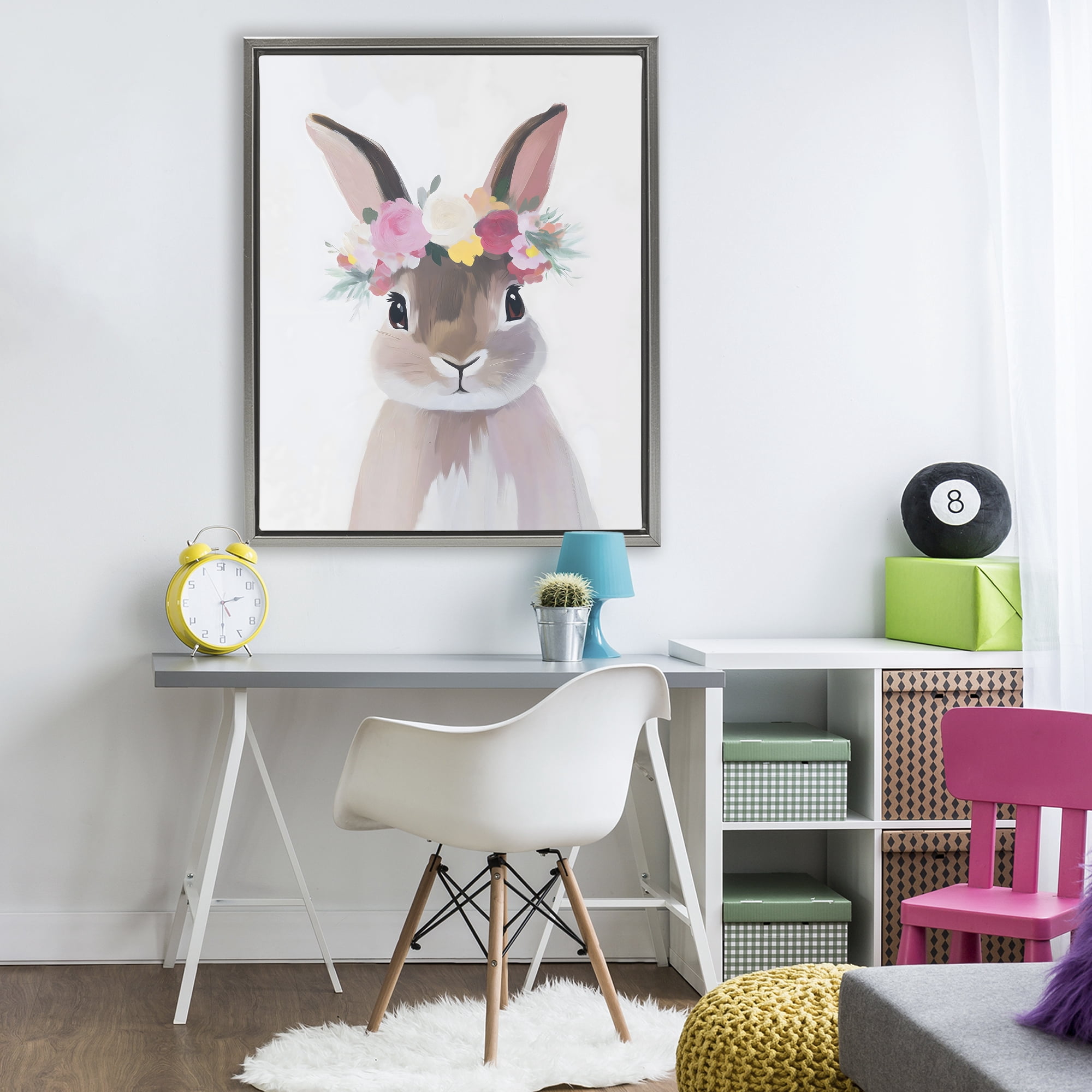 Stupell Industries Flower Crown Rabbit Gray Framed Floater Canvas Wall Art, design by The Prints Vibe