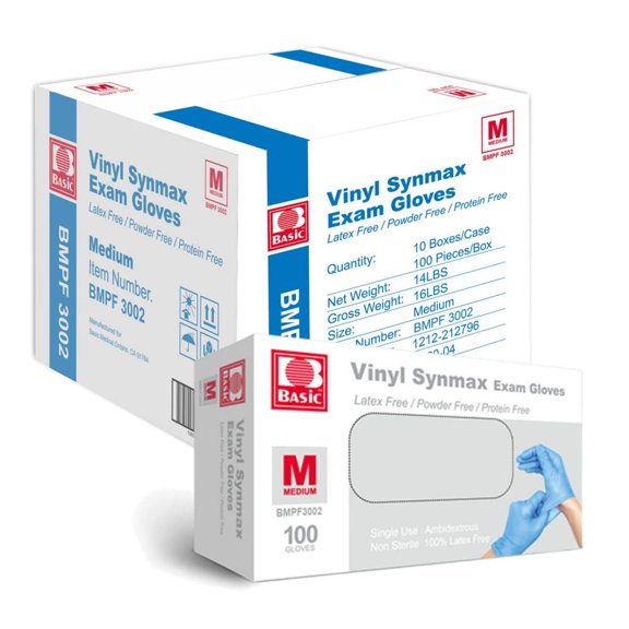 Basic Medical Synmax Vinyl Exam Gloves - Latex-Free & Powder-Free - Medium, BMPF-3002(Case of 1,000)