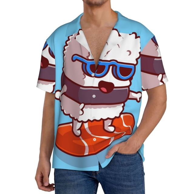 Fotbe Sushi Salmon Surfing Camisa Estampada de Manga Corta para Hombre, Casual de Verano, Estilo Playero, Sin Arrugas-Medium