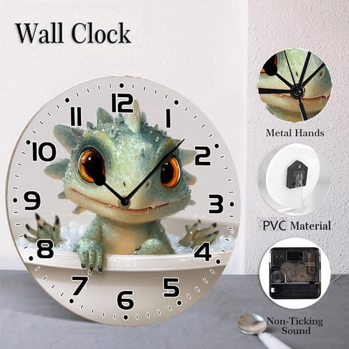 ZXCXRQFa Silent Clocks Cute Baby Dinosaur In Bathtub 10" Retro Vintage Clock Non-Ticking Silent Wood Wall Clocks Battery Operated Decor Retro Design for Kitchen/Living Room/Bedroom/Farmhouse